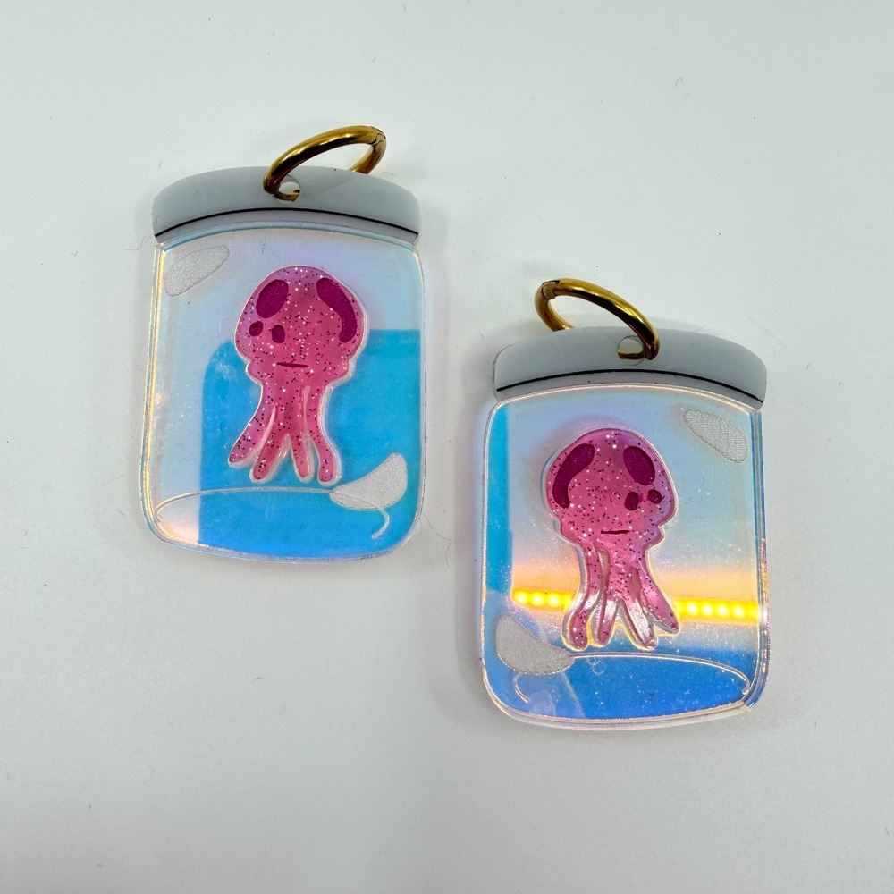 VTG Y2K Iridescent Natgreenart Holographic Jellyfish Charm Dangle Earrings Pink